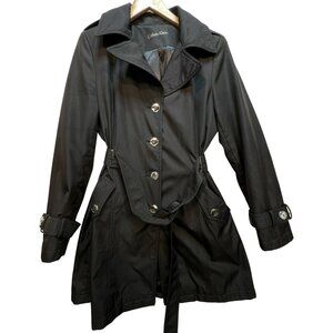 Calvin Klein Womens Single Breasted Belted Trench Coat Long Sleeve Black Pockets
